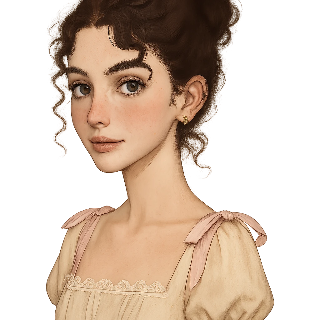 Portrait of a cute white-skinned girl with a V-shaped face and slim build, dark brown curly hair up to shoulder blades styled in a messy bun with two curly strands and a mini curl in front of each ear. Large almond-shaped brown eyes with a neutral to positive gaze, very long lashes, subtle straight brown eyeliner, brown waterline. Medium Greek nose, straight and slightly thick brown eyebrows, medium lips with light brown lipstick. Noticeable cute pink blush, few freckles on cheeks and nose, wearing coquette style clothing. Piercings: 1, 2, 3 lobes, helix and tragus on each ear. Neutral background. emoji