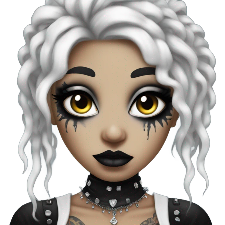 goth girl with heavy white and black makeup, piercings, tattoos, teased hair, white eyes emoji