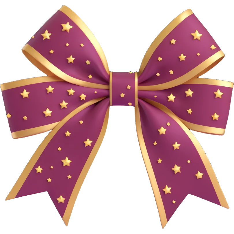 sparkly burgundy bow with gold outline, extra glitter, and small stars emoji