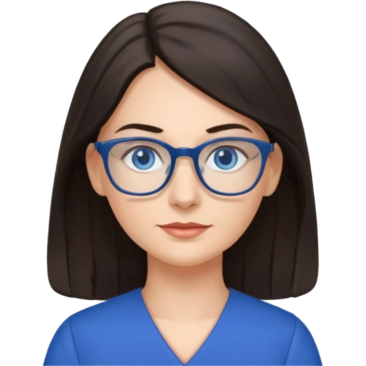 long dark hair, blue eyes, glasses teacher female, blue dress emoji