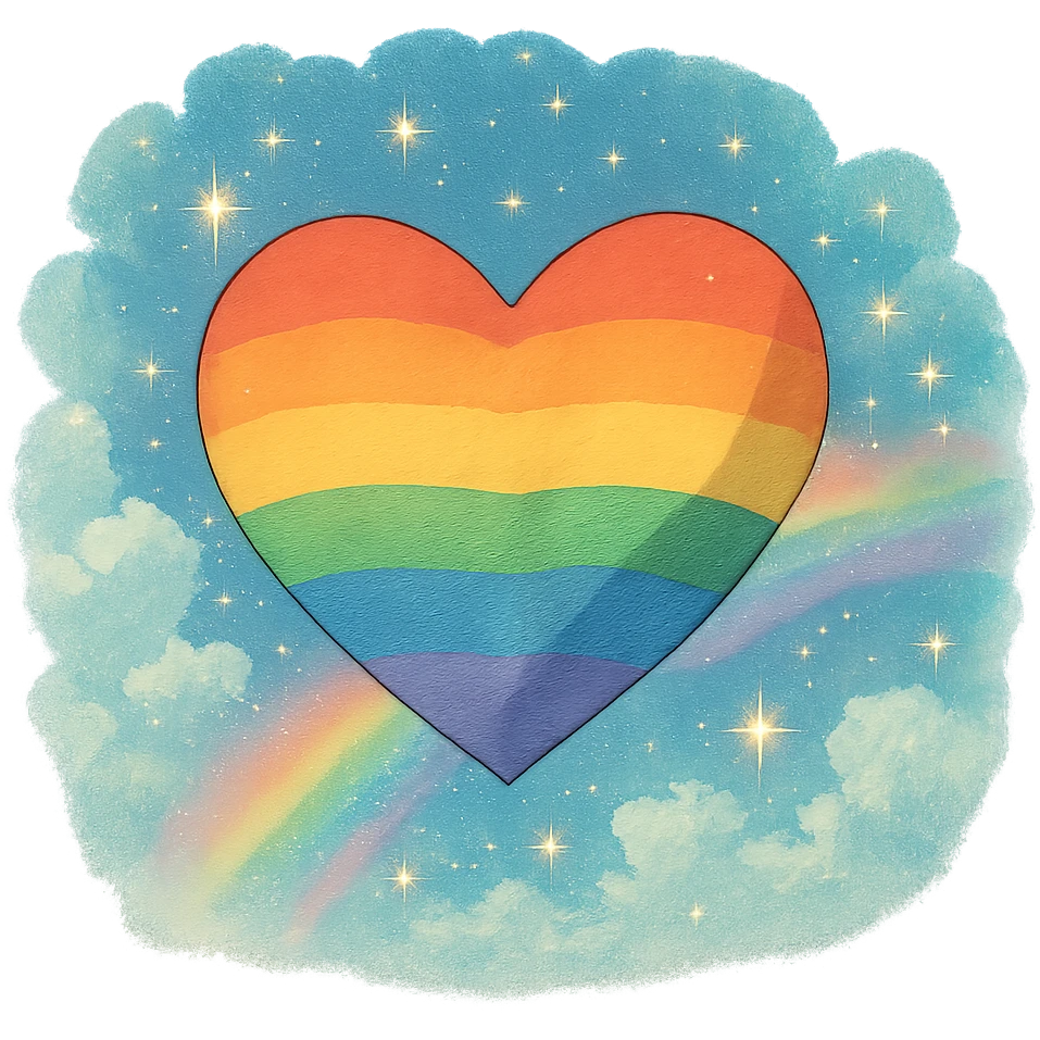 pride heart, gentle shading, magical atmosphere, rainbow colors, ghibli style emoji