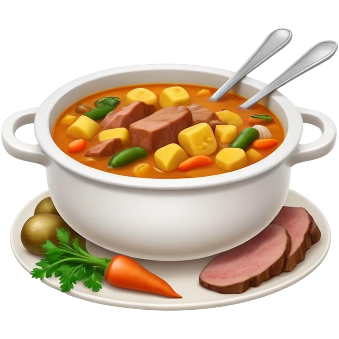 Cinematic Realistic Sancocho Soup Dish Emoji, featuring a rich, hearty stew with diverse meats and vegetables rendered with lifelike detail and warm, comforting lighting. emoji