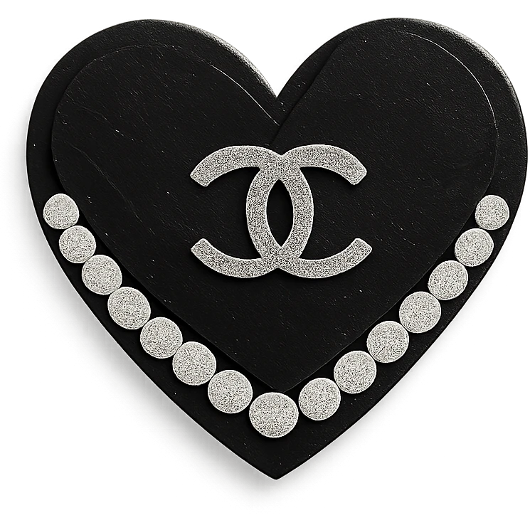 glossy black heart with a string of pearls around it, featuring a silver Chanel logo in the center, elegant, black and white color scheme, paper craft style emoji