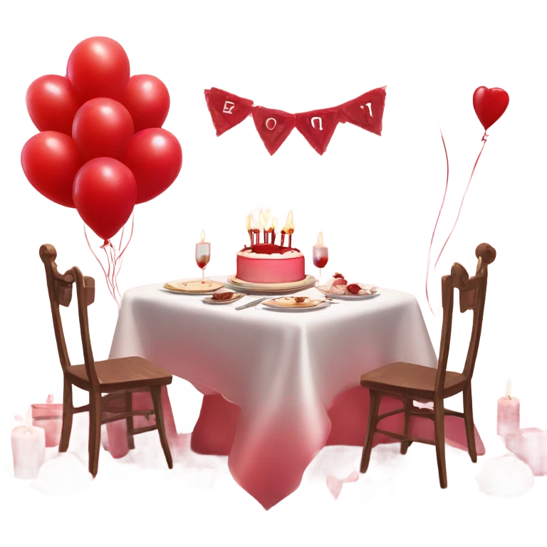 Red romantic party setting for two people and heart balloon  table with white cloth and candle with bows on the table and white Korean cake emoji