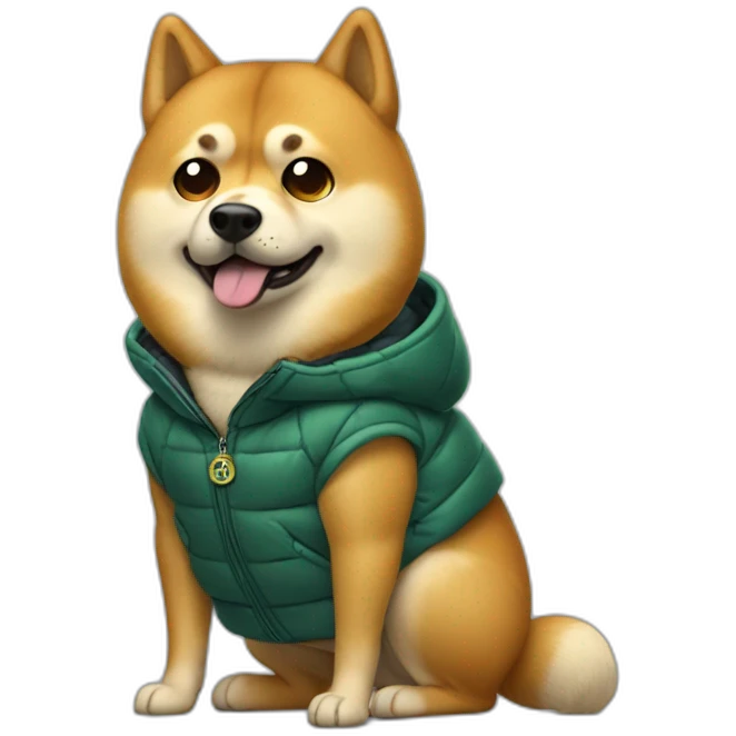 Bulked Doge in puffer jacket holding bitcoin emoji