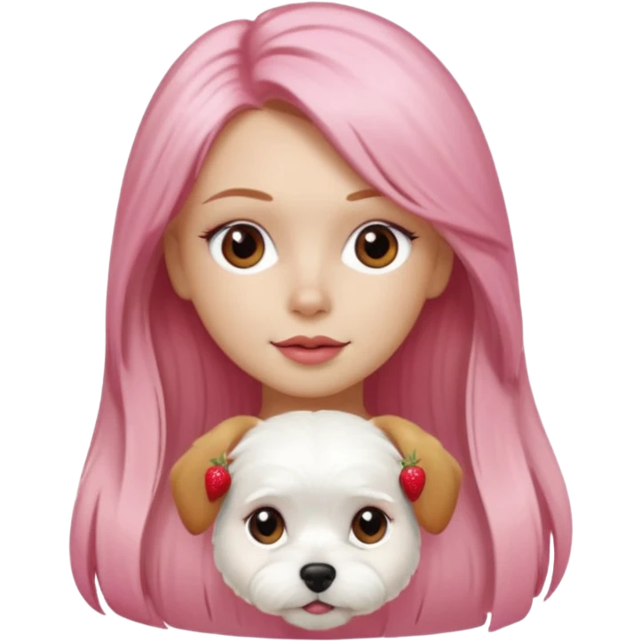 white Maltese terrier with pink nose on lap of girl with long blow-dried strawberry blond hair, brown eyes, thin eyebrows, slim nose, beautiful lips, Apple memoji emoji style emoji