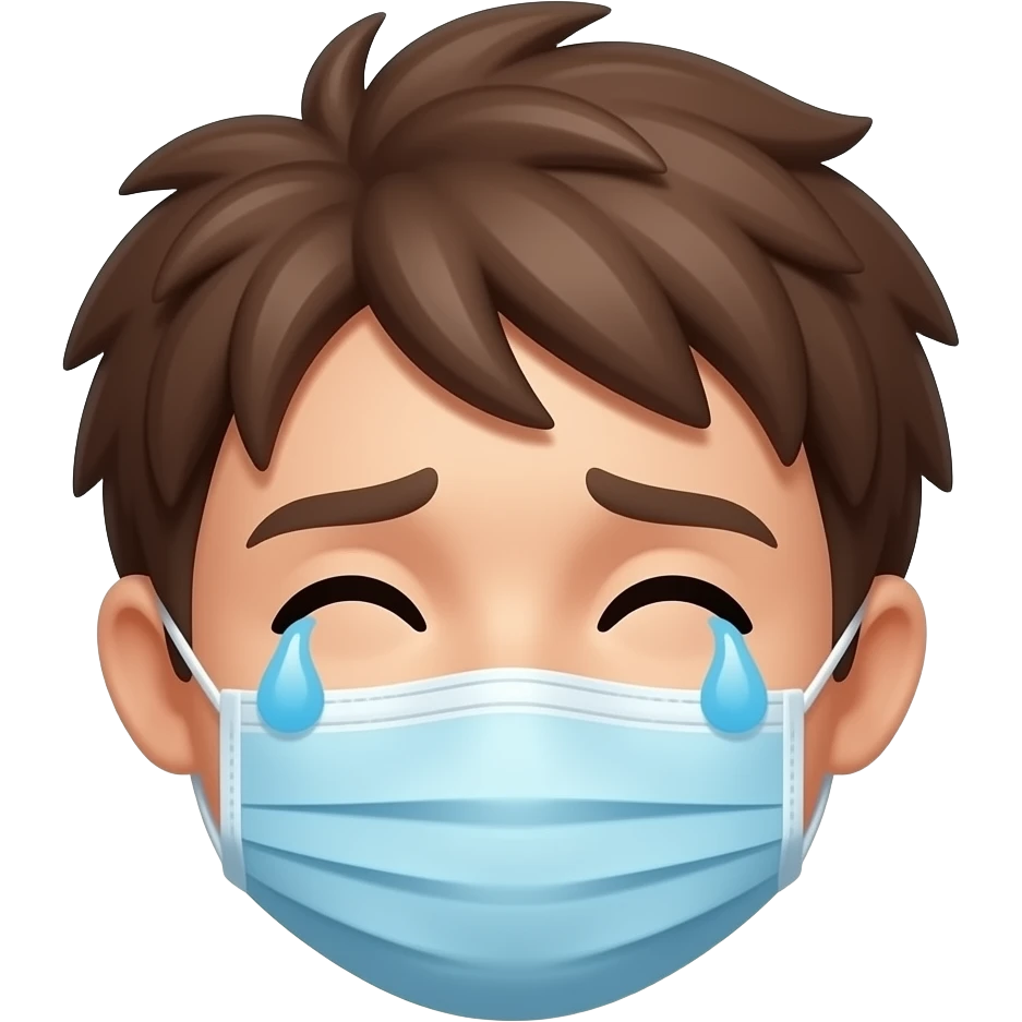 crying face with a smile and with brown messy hair and a mask emoji