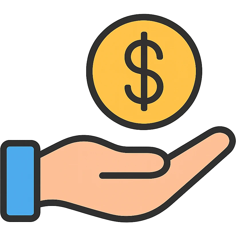a hand with a coin and a dollar symbol, representing budget-friendly or affordable options, straightforward design emoji