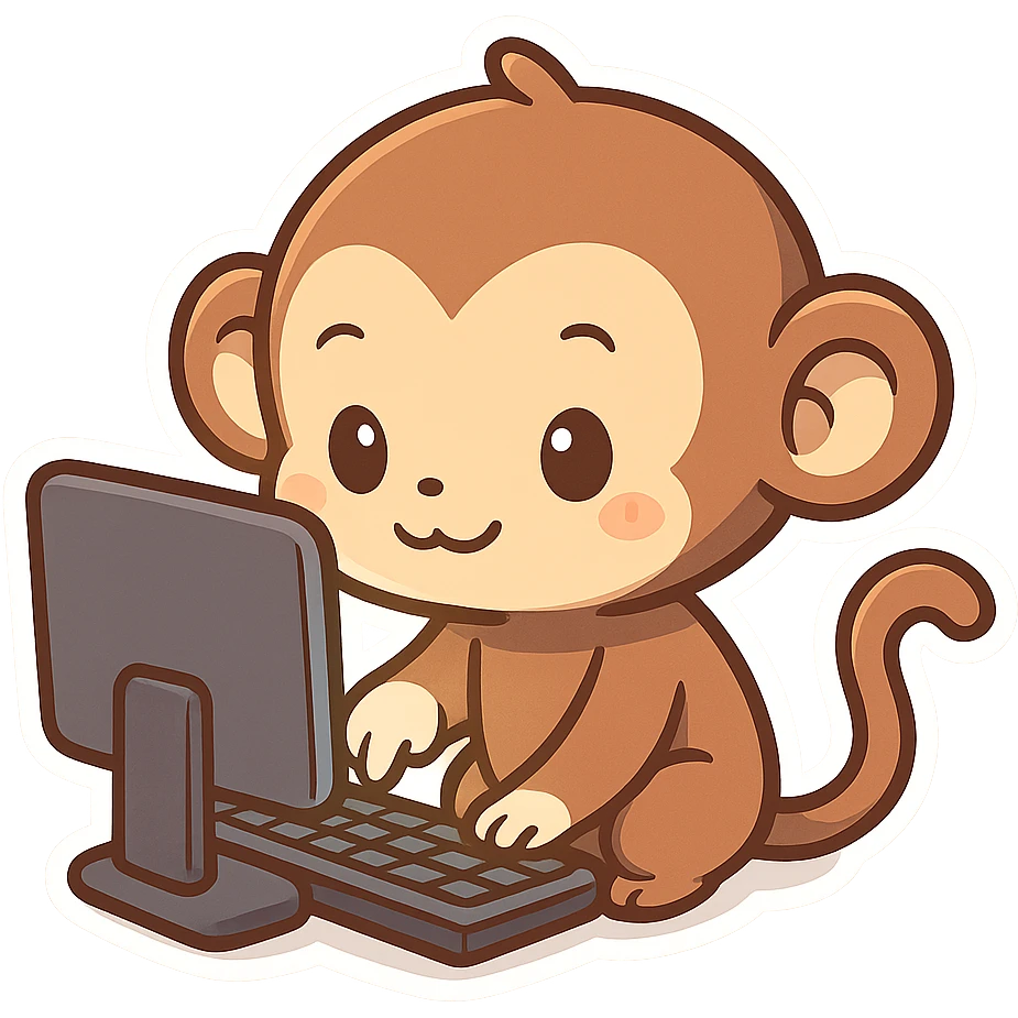 cartoon style monkey tapping keyboard with paw, glowing computer screen, simple background emoji