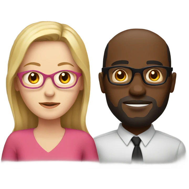 white woman with no glasses wearing a pink dress standing with a black guy with glasses wearing a red shirt emoji