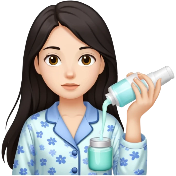 Girl with dark long hair doing skincare in a Pyjama emoji