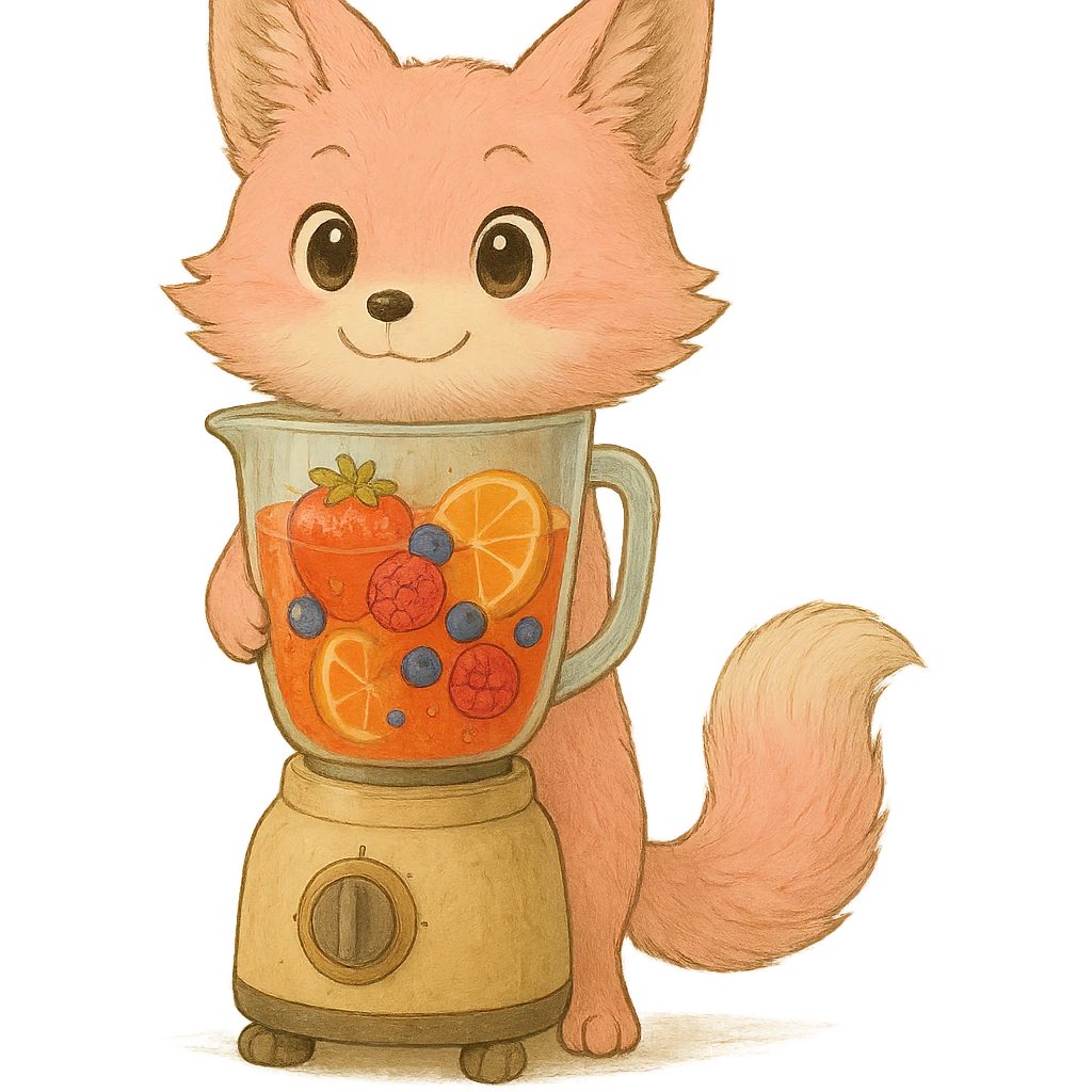 Regenerate as a visually clear, full-body Ghibli-style pastel pink blender fox. Show the entire fox from head to toe, including all four paws and the full blender base. Keep the high-quality, detailed, joyful look, with a transparent body filled with vibrant fruity smoothie, sparkling expressive eyes, and a sweet, joyful expression. Transparent background. emoji