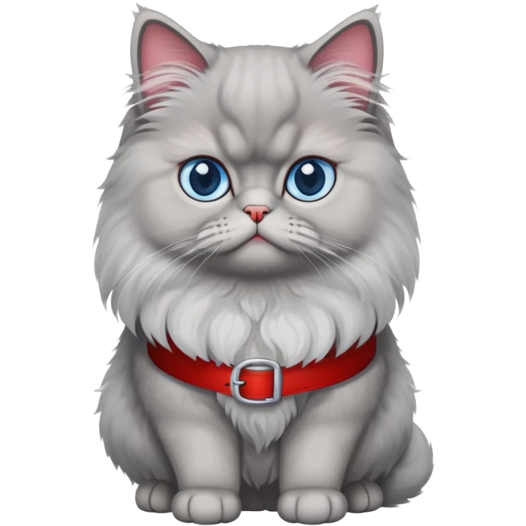 gray Persian cat full body sitting with blue eyes and red belt emoji