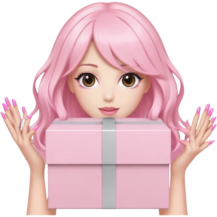 3. “Wig Delivery Day” Emoji Icon  A pastel pink LayLab HD wig box being held by dark brown hands with long pink nails. Box sparkles with excitement. Feminine & luxe. emoji
