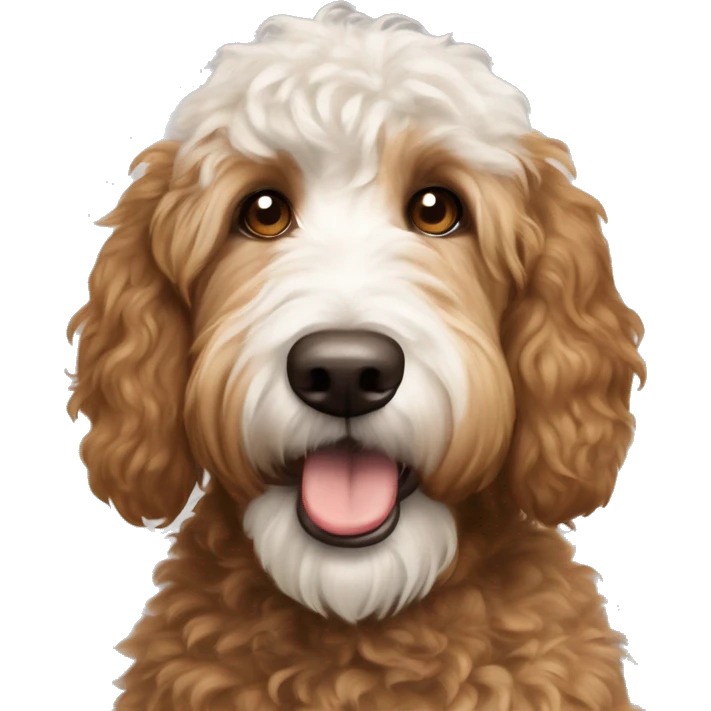 Brown and white patches Golden doodle dog showing tongue white head white eyes brown ears and brown patch on top of head fluffy head emoji