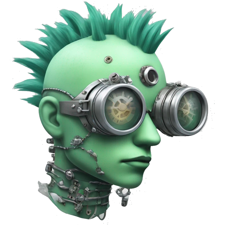 Pastel green Mohawk cyborg head with silver steampunk goggles emoji