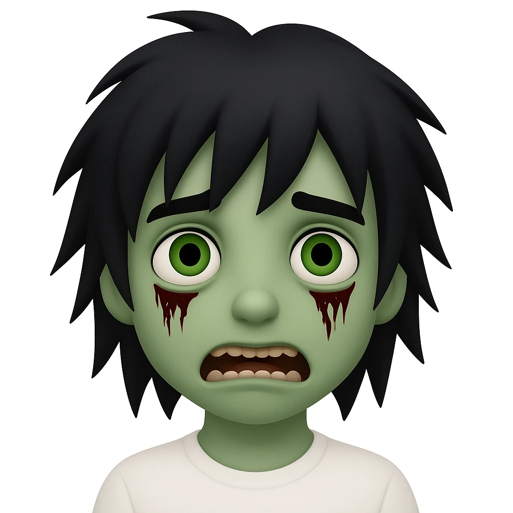 zombie boy with emo hair and white shirt, emoji style, green eyes emoji