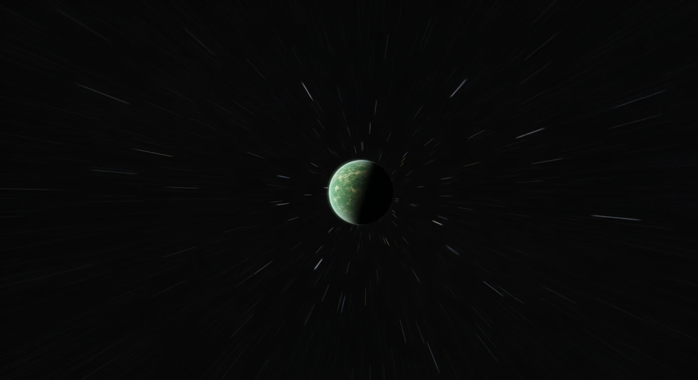 cinematic still, motion blur shutter speed, establishing shot in space showing green planet in distance, inspired by StarWars movie, captured by arri alexa  emoji