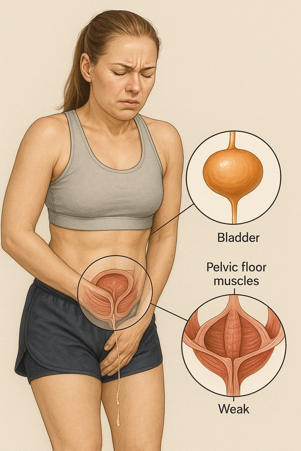 realistic anatomical illustration of a woman in sportswear inspired by reference photo, showing urinary incontinence from weak pelvic floor: highlighting bladder and pelvic muscles, medical style, neutral background emoji
