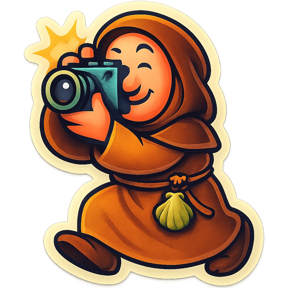 medieval pilgrim snapping a picture, exaggerated features, playful, retro stickers style emoji