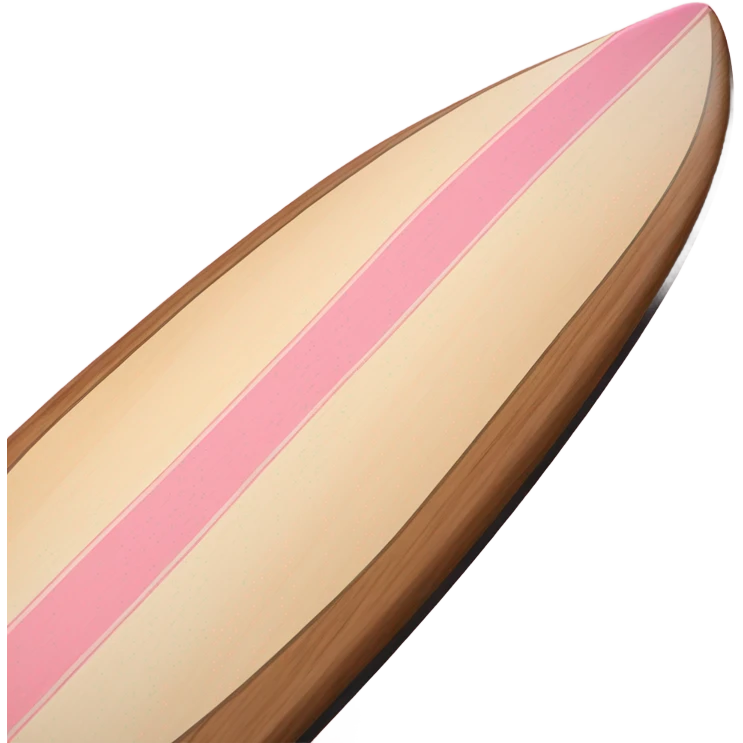 A single wooden rip curl surfboard that looks like an emoji with two mini light pink stripes down the middle of the board, longboard style emoji