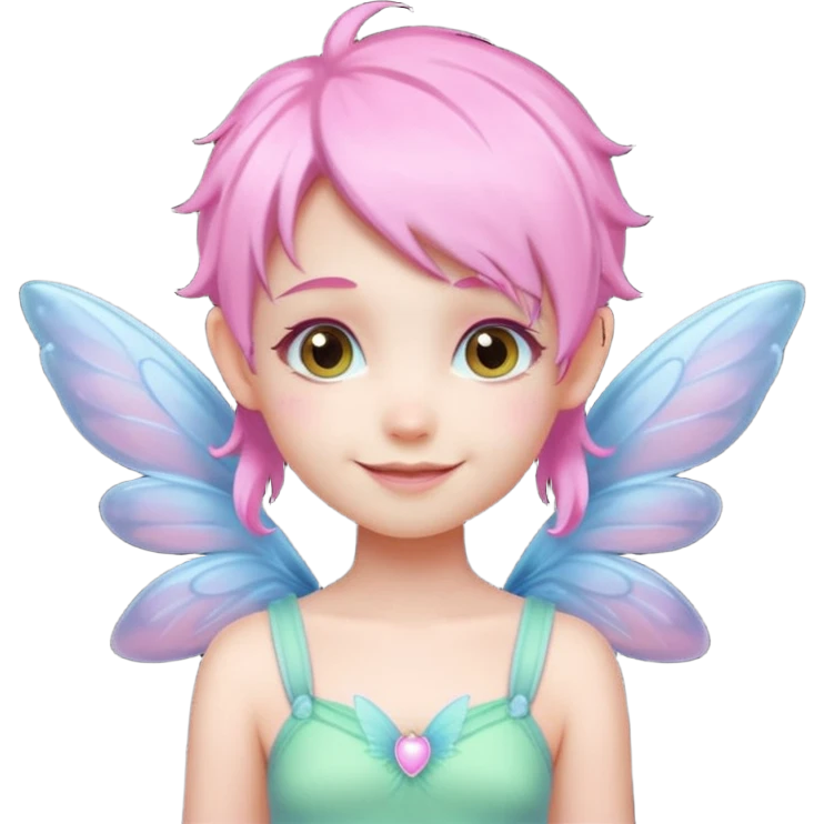 A tiny pastel fairy with pink hair with glowing wings and a sweet smile  emoji