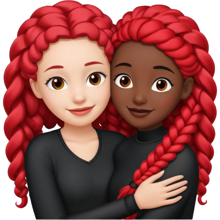 White girl long black hair hugs black girl with red French curl braids  emoji