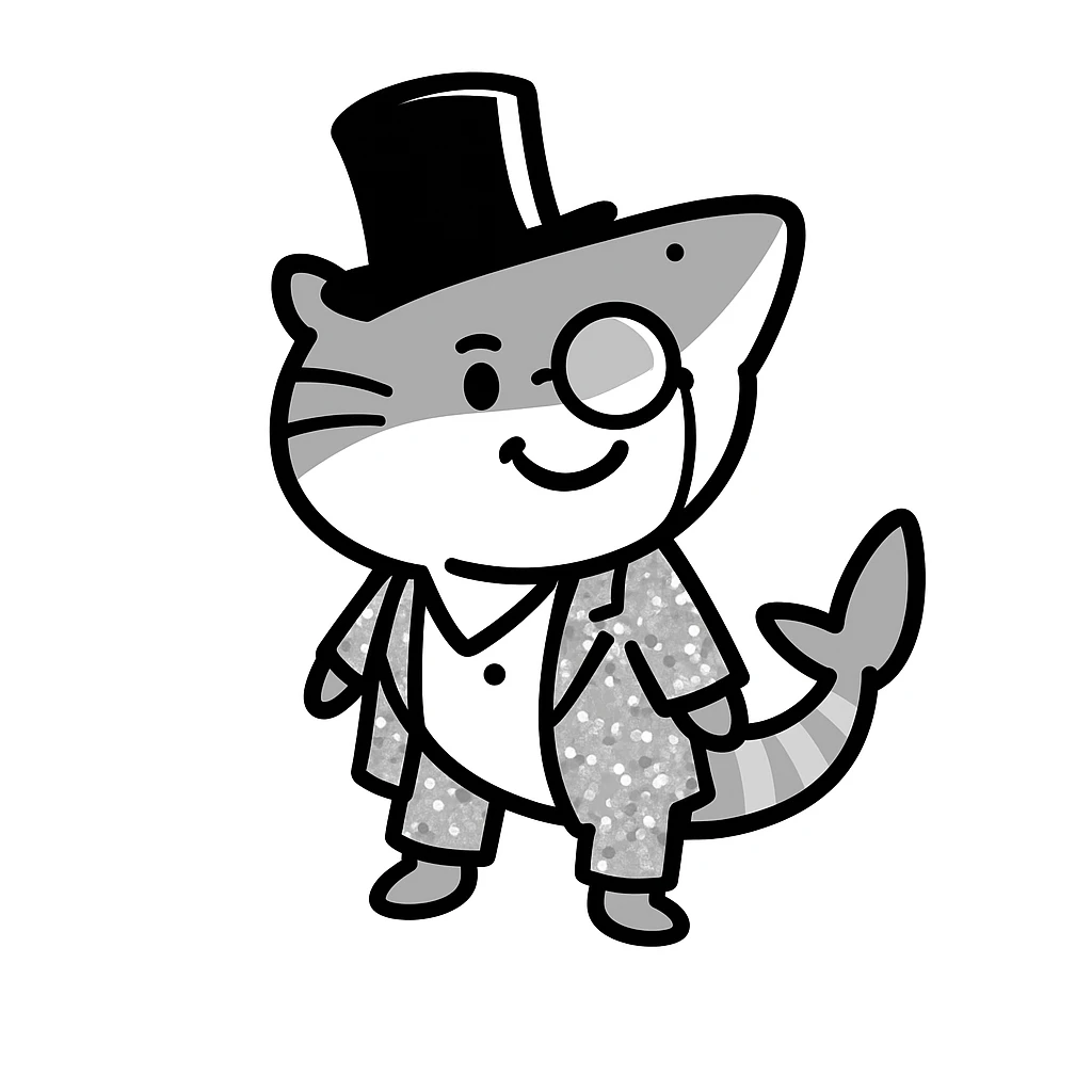 Add a monocle to the shark with a top hat, keeping the doodle style look. emoji