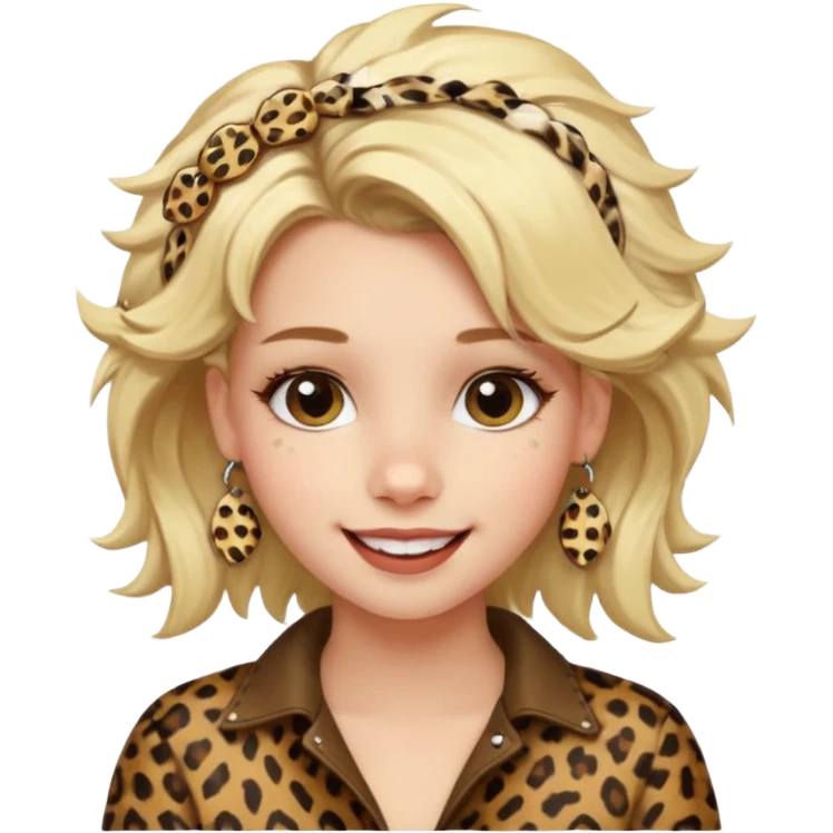 Une fille blonde et joyeuse. Elle porte une coiffure rock et originale avec 3 pinces pour cheveux  léopard et motif peau de vache. emoji