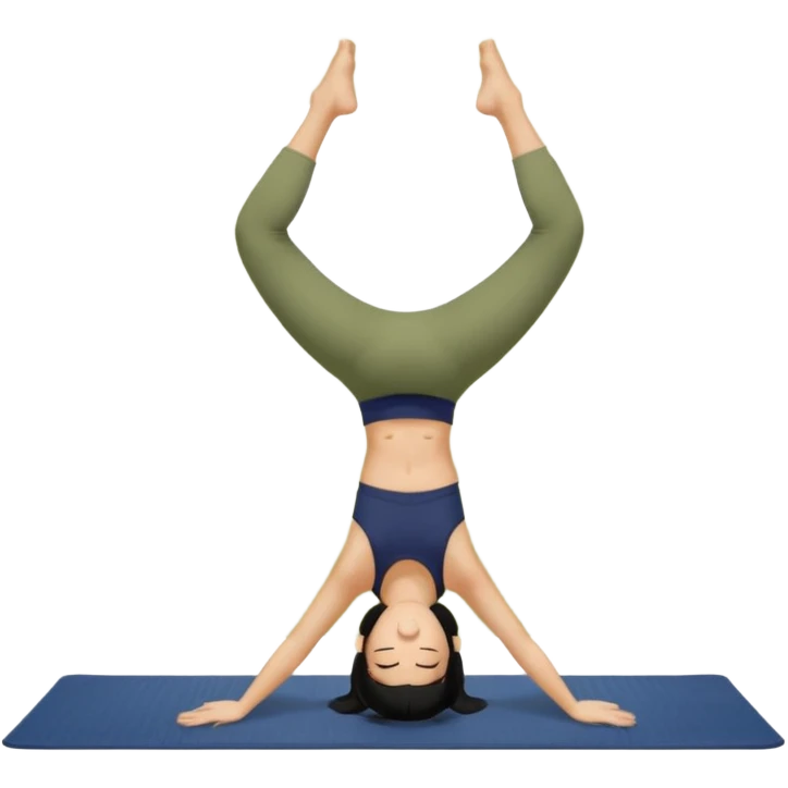 키는 작은편이고 앞머리 없는 단발머리야. 옆머리는 있고 요가를 좋아해. 남색 홀터넥을 많이 입고 민트색 요가바지를 자주 입어. 머리색은 검정색이고 하타요가를 좋아해. 바지색은 연한 연두색이고 요가매트는 카키색이야. 머리서기를 하고 있어 emoji