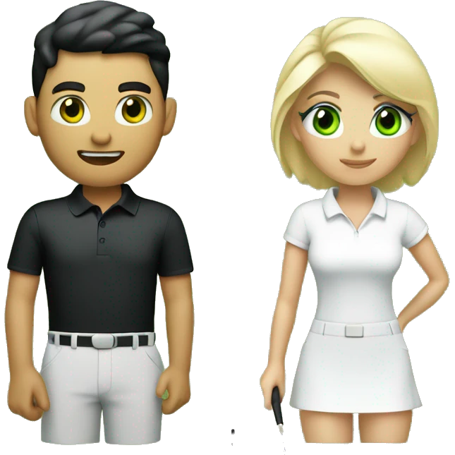 Blond white men green eye wearing white golf outfit and black hair brown eye woman wearing black golf outfit playing golf. emoji