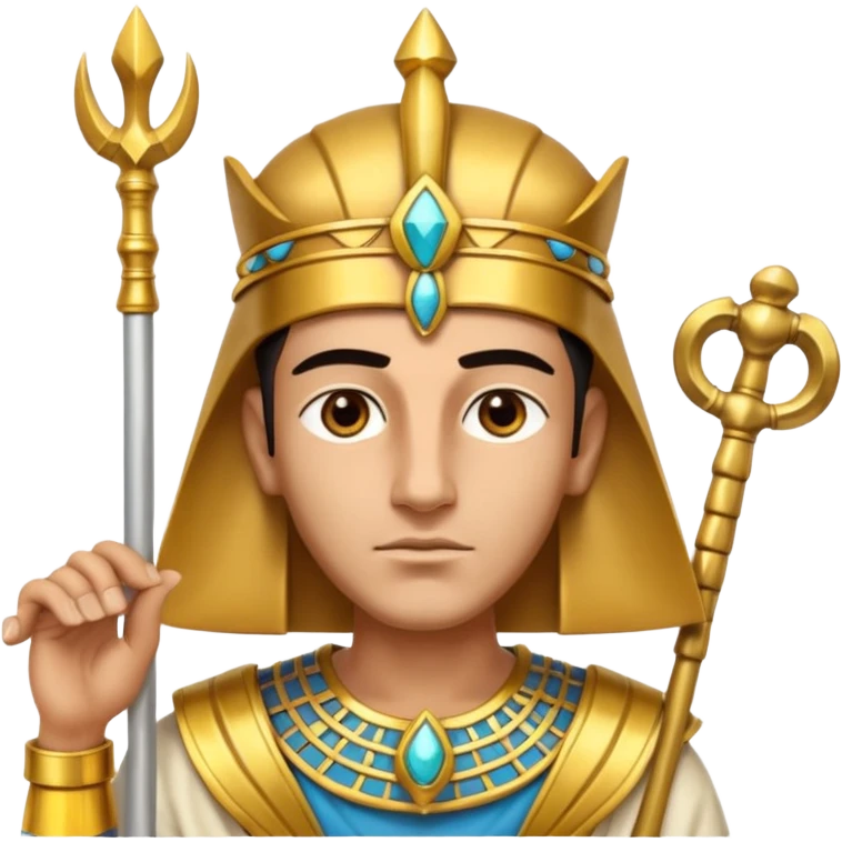 A regal pharaoh with golden headdress, calm stern eyes, and holding a crook and flail with authority.
 emoji