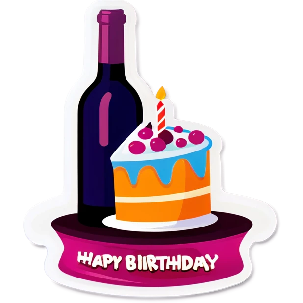 White glass of wine with bottle and birthday cake emoji