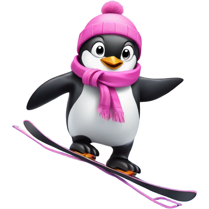 Penguin in pink skiing down snowy mountain  emoji