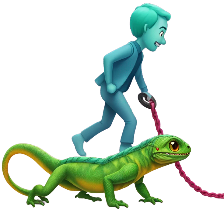 Man crawling on a leash on a walk by a lizard human emoji