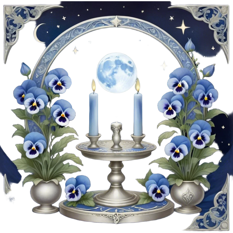 A mystical scene where deep blue and light blue pansies bloom under a silver crescent moon, casting an ethereal glow across the enchanted garden. A round, pearl-colored candle flickers atop an ornate silver stand, its wax melting into swirling patterns resembling planetary orbits. Surrounding it, a set of celestial tarot cards—The Moon, The Star, and The High Priestess—are carefully placed, their intricate silver engravings shimmering with divinatory power. The background sky is adorned with floating zodiac constellations, softly pulsing as if alive, while a trail of stardust leads to a glowing cosmic portal that opens into a swirling galaxy. emoji