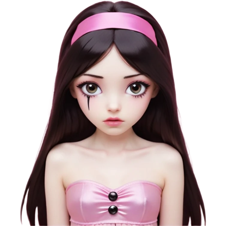 girl with white skin, dark brown long straight hair falling in front of her body, pouty shiny lips without cupid's bow, shiny large eyes with black eyeballs and long eyelashes, lighter button nose, very long oval-shaped face, wearing a pink bandeau top with straight neckline, looking directly at camera with hands down at sides emoji