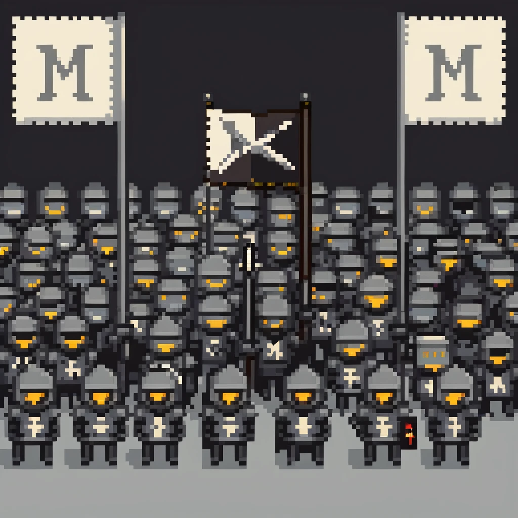 crowd of black knights with a black flag with letter M emoji