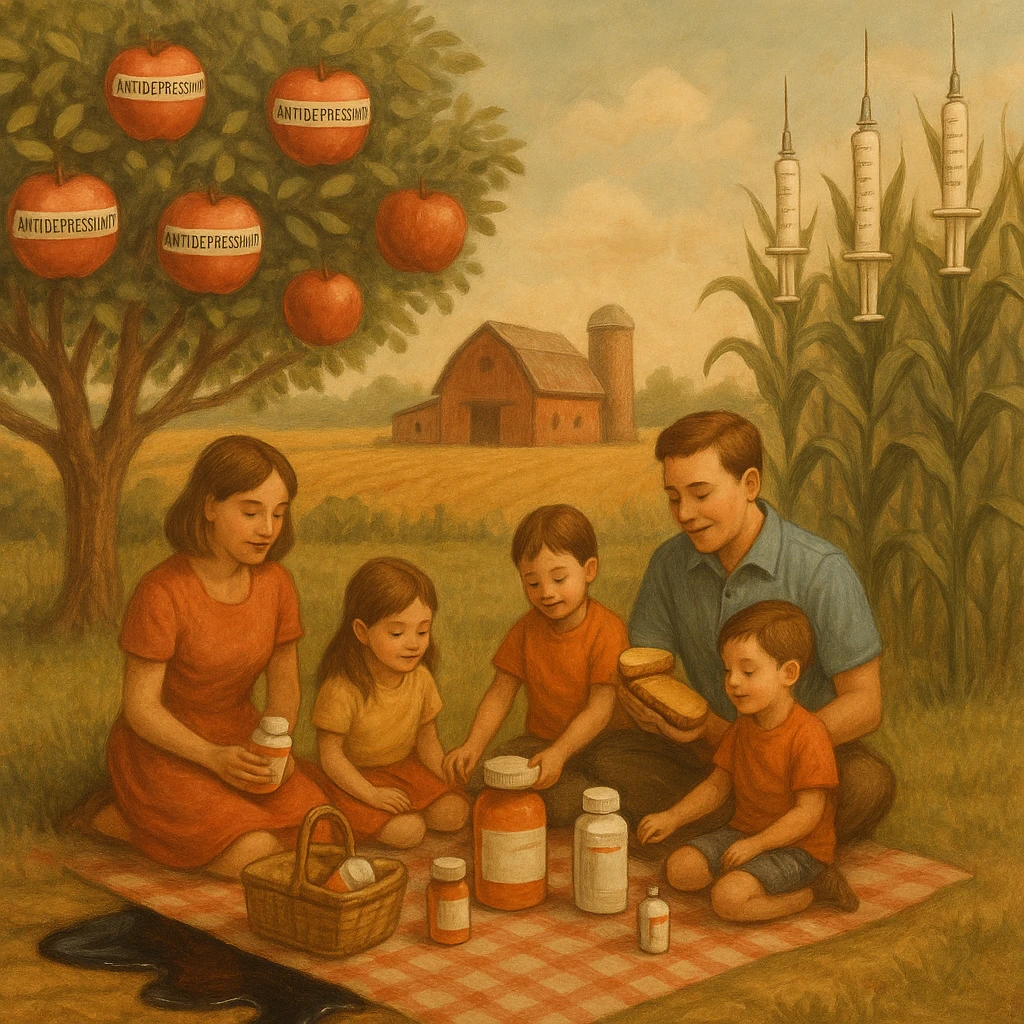 serene farm scene with apple trees bearing apples labeled as antidepressants, corn stalks with syringe-shaped cobs, soil that appears to bleed oil, a family picnics in the foreground unaware as their food slowly morphs into pharmaceutical bottles, peaceful but subtly unsettling mood emoji