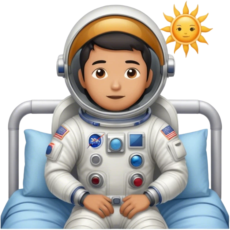 Asian man wearing in astronaut wakeup from the bed with a sun emoji