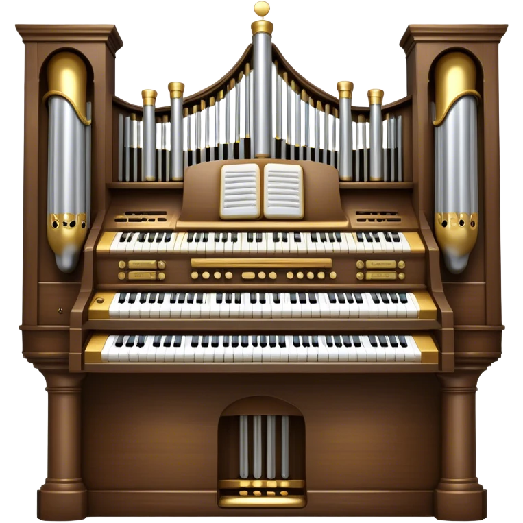 Create an elegant and majestic emoji representing a classical church organ. The emoji should feature the grand pipes of the organ in the background, with visible details of the keys and pedalboard in the foreground. The pipes should be tall and impressive, with a mixture of gold, silver, and metallic shades to emphasize the grandeur of the instrument. The keyboard and pedals should be well-defined, capturing the intricate craftsmanship of the organ. Use dark wood tones and gold accents for the body of the instrument to give it a rich, historic feel. Add subtle musical notes around the organ to evoke its deep, resonant sound. The background should be transparent. emoji