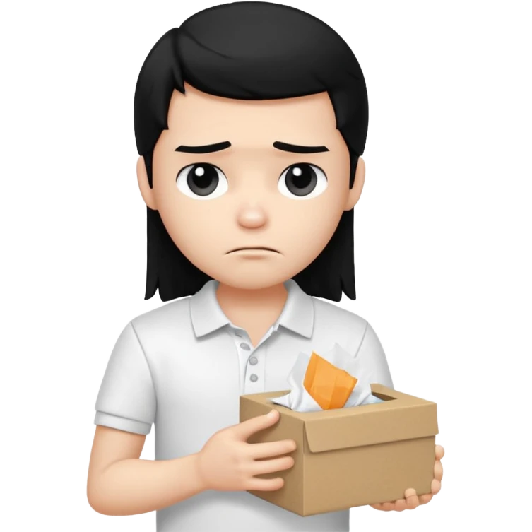 generate a pretty bratz boy with long black hair, wearing a white polo shirt. Looking sad, holding a box of tissues emoji