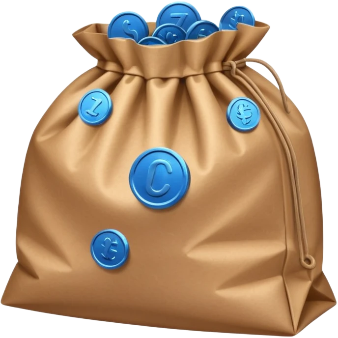 brown bag of blue coins emoji
