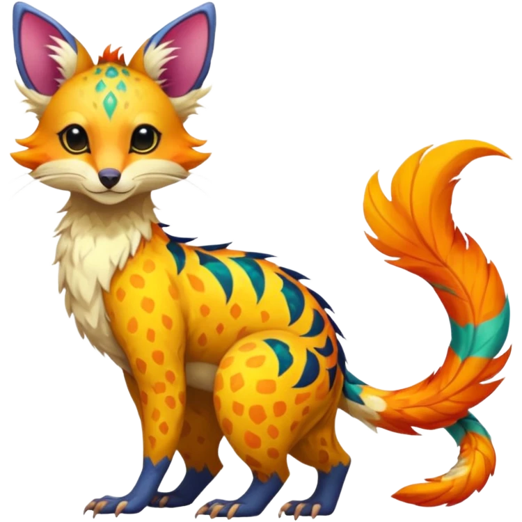 Feral Rare Fantasy vibrant colorful tropical Vernid-Trico-species by LiLaiRa, random markings, tufted tail, tufted ears, full body emoji