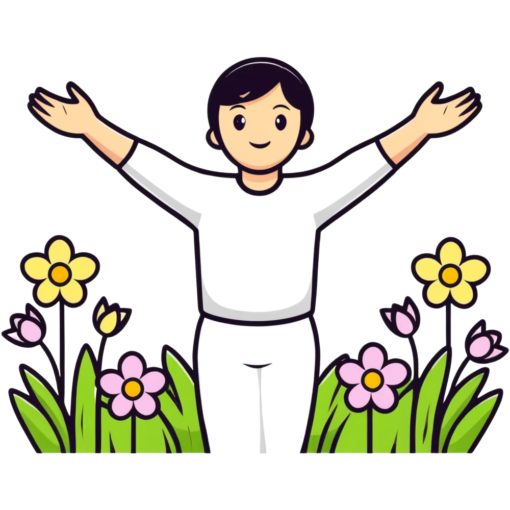 A joyful person with arms spread wide, surrounded by spring flowers and sunshine emoji