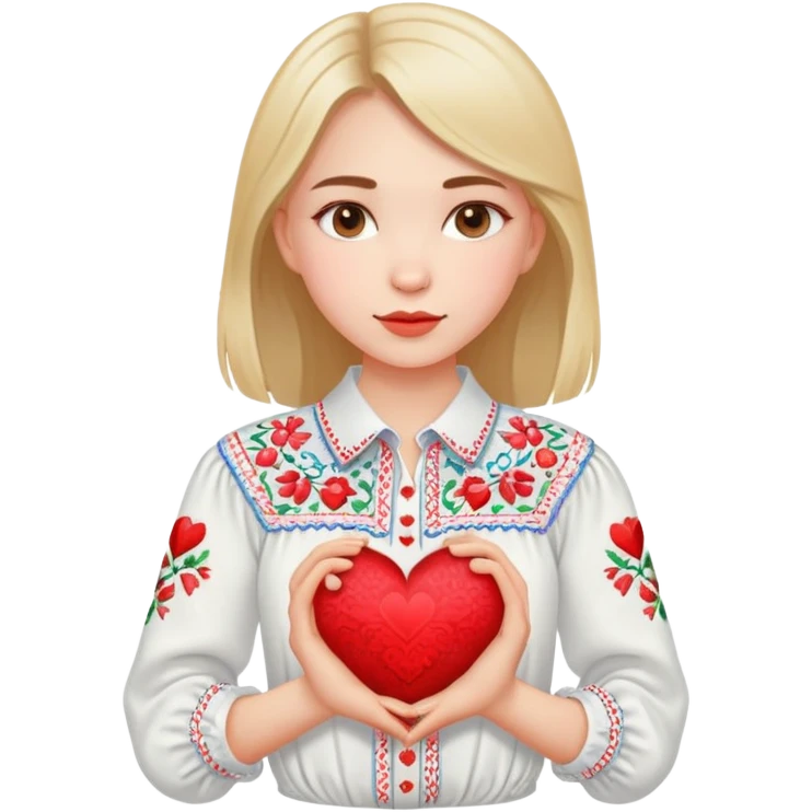 beautiful young girl in a white Ukrainian embroidered shirt clutching a large embroidered heart emoji