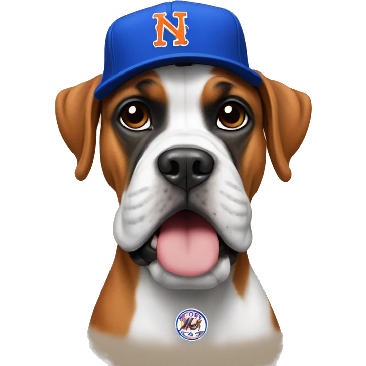 Boxer dog wearing New York Mets hat emoji