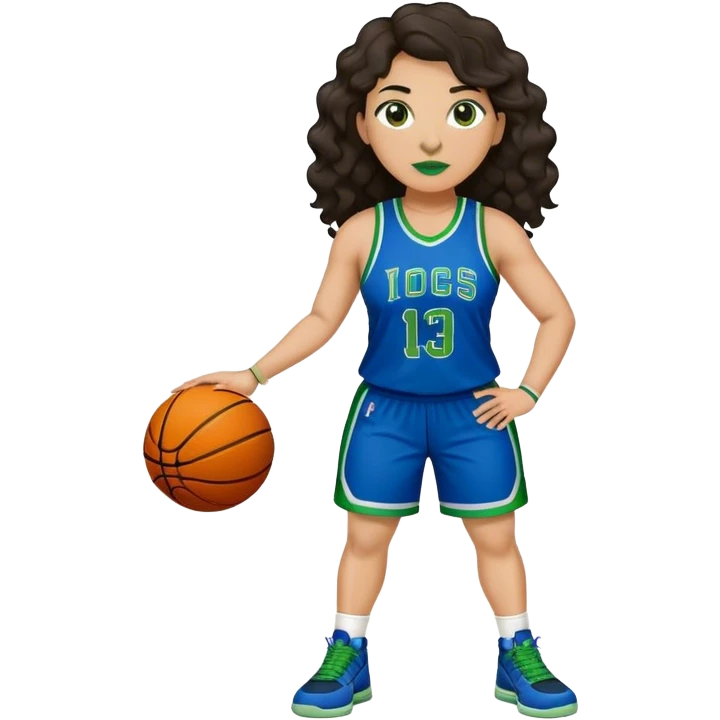 full body plus size light skin latino women basketball player with wavy dark hair large nose wearing blue and green uniform emoji