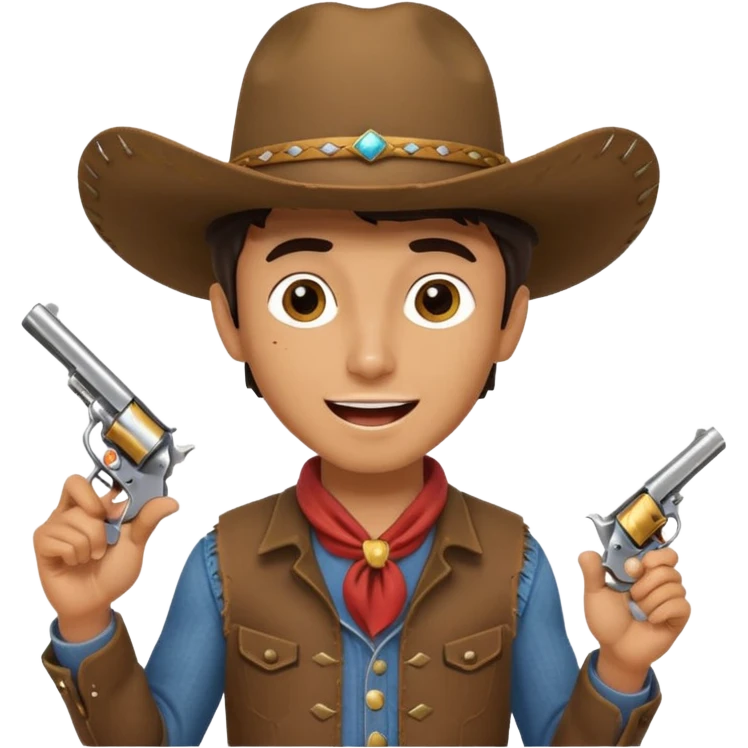 A young cowboy with oversized boots, excited expression, and a tiny toy revolver.
 emoji