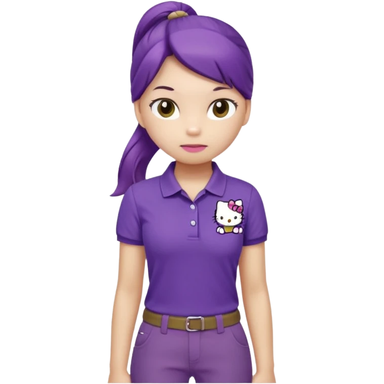 hello kitty wearing purple polo shirt and kyaki pants with long pony tail baddie emoji